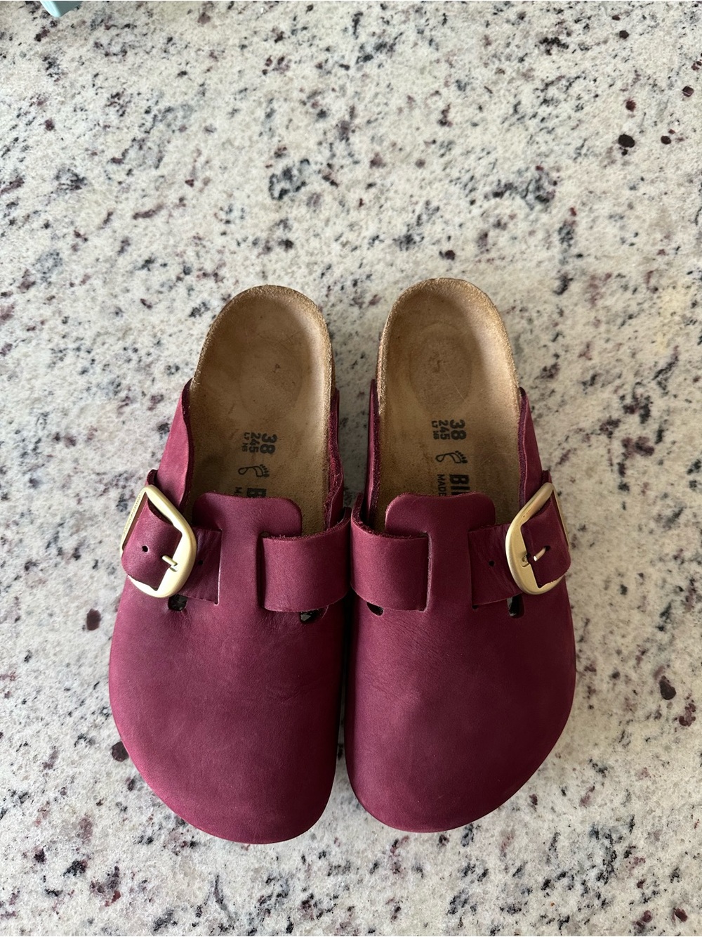Birkenstock Boston Clogs- Burgundy Nubuck Leather with Gold Buckle